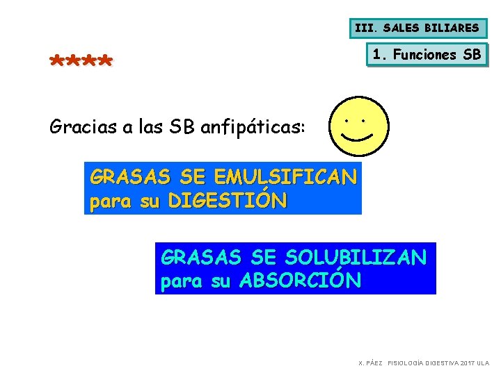 III. SALES BILIARES 1. Funciones SB **** Gracias a las SB anfipáticas: . .