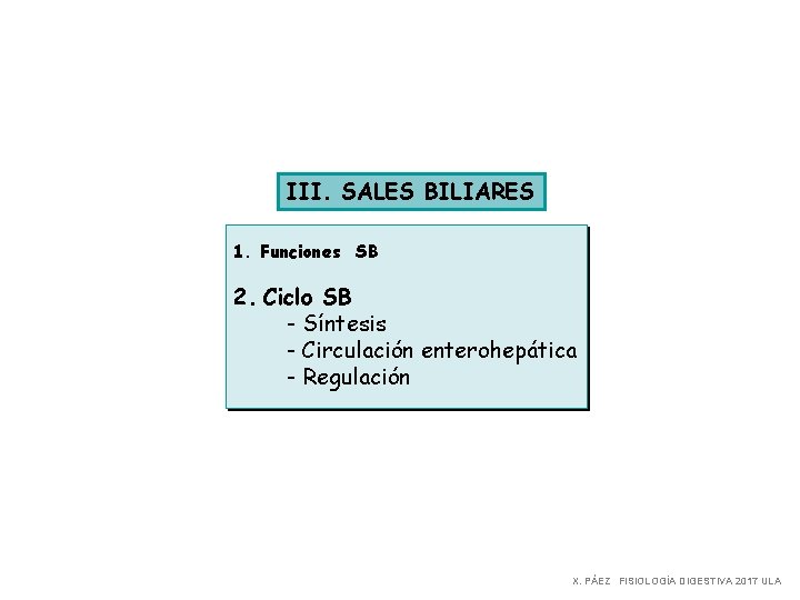 III. SALES BILIARES 1. Funciones SB 2. Ciclo SB - Síntesis - Circulación enterohepática