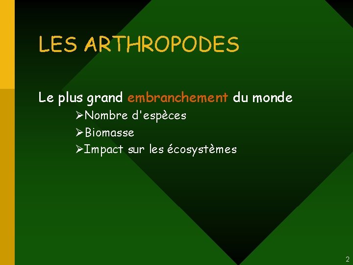LES ARTHROPODES Le plus grand embranchement du monde ØNombre d'espèces ØBiomasse ØImpact sur les LES ARTHROPODES Le plus grand embranchement du monde ØNombre d'espèces ØBiomasse ØImpact sur les