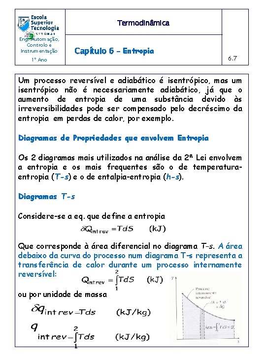 Termodinâmica Eng. Automação, Controlo e Instrumentação 1º Ano Capítulo 6 – Entropia 6. 7