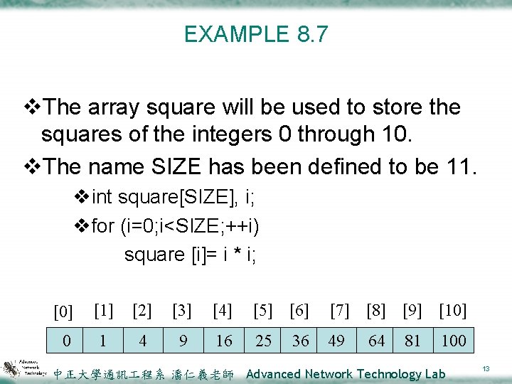 EXAMPLE 8. 7 v. The array square will be used to store the squares