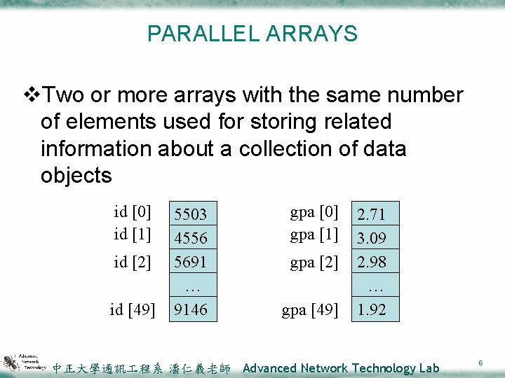 PARALLEL ARRAYS v. Two or more arrays with the same number of elements used