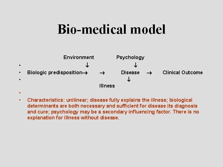 Bio-medical model Environment • • • Biologic predisposition Psychology Disease Clinical Outcome Illness •