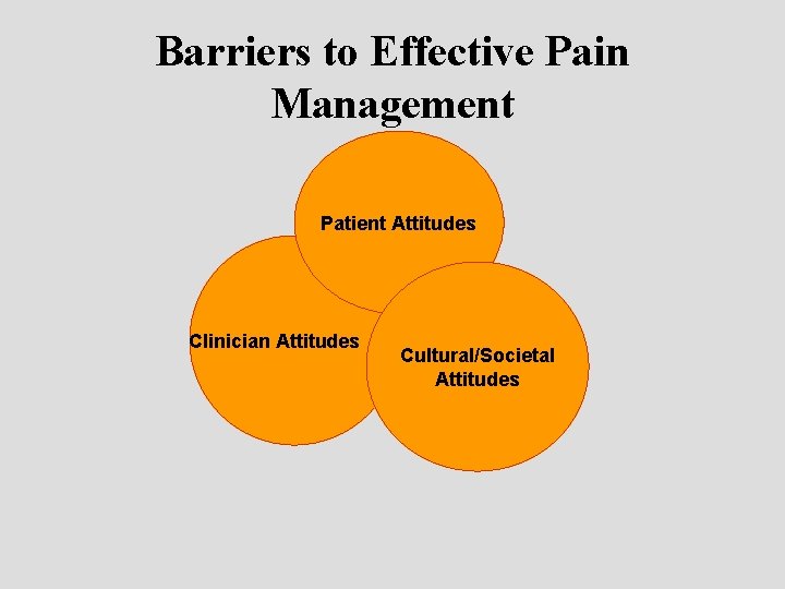 Barriers to Effective Pain Management Patient Attitudes Clinician Attitudes Cultural/Societal Attitudes 