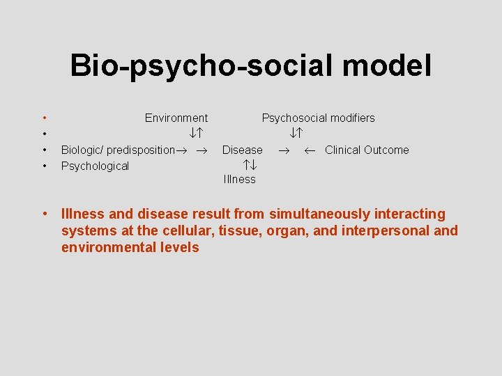 Bio-psycho-social model • • Environment Psychosocial modifiers Biologic/ predisposition Disease Clinical Outcome Psychological Illness