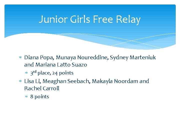 Junior Girls Free Relay Diana Popa, Munaya Noureddine, Sydney Marteniuk and Mariana Latto Suazo