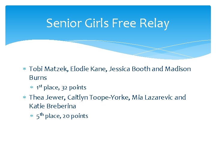 Senior Girls Free Relay Tobi Matzek, Elodie Kane, Jessica Booth and Madison Burns 1