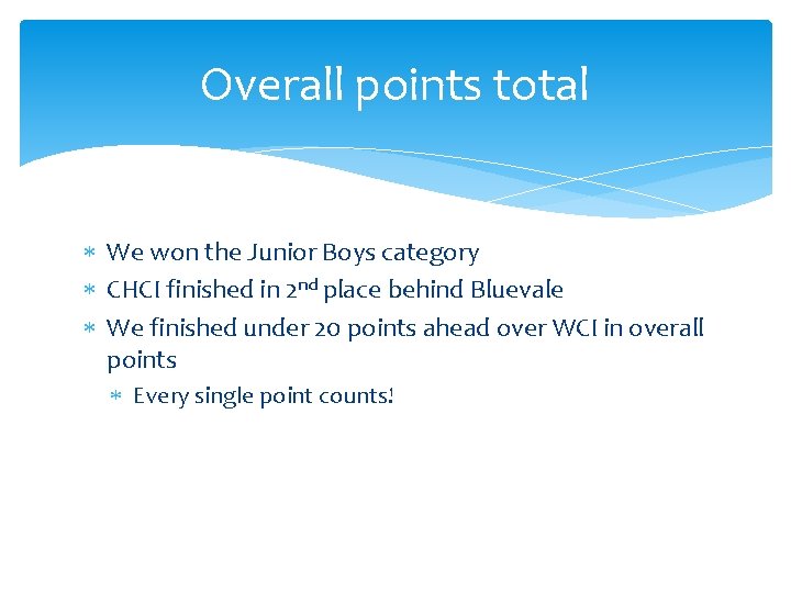 Overall points total We won the Junior Boys category CHCI finished in 2 nd