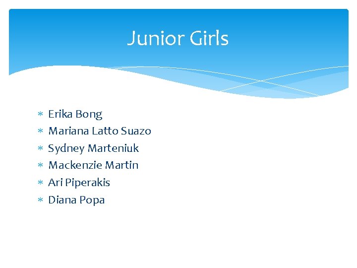 Junior Girls Erika Bong Mariana Latto Suazo Sydney Marteniuk Mackenzie Martin Ari Piperakis Diana