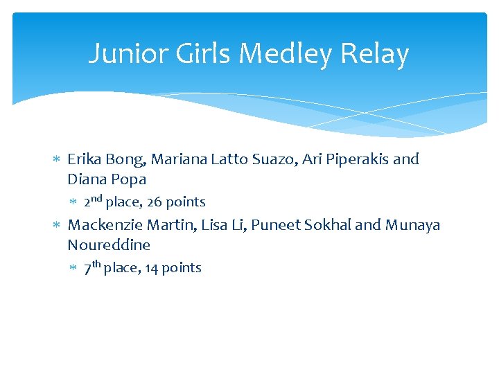 Junior Girls Medley Relay Erika Bong, Mariana Latto Suazo, Ari Piperakis and Diana Popa