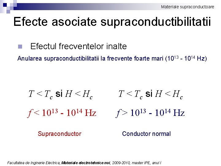 Materiale supraconductoare Efecte asociate supraconductibilitatii n Efectul frecventelor inalte Anularea supraconductibilitatii la frecvente foarte