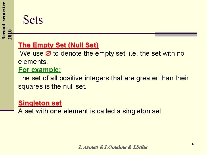 Second semester 2010 Sets The Empty Set (Null Set) We use to denote the