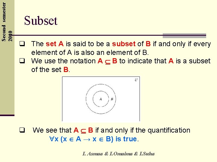 Second semester 2010 Subset q The set A is said to be a subset