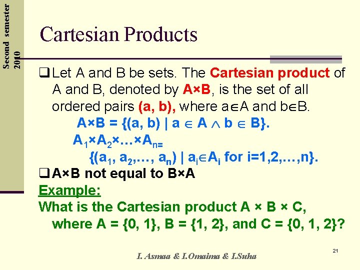 Second semester 2010 Cartesian Products q Let A and B be sets. The Cartesian