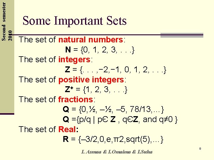 Second semester 2010 Some Important Sets The set of natural numbers: N = {0,