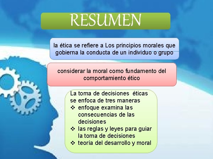 RESUMEN la ética se refiere a Los principios morales que gobierna la conducta de