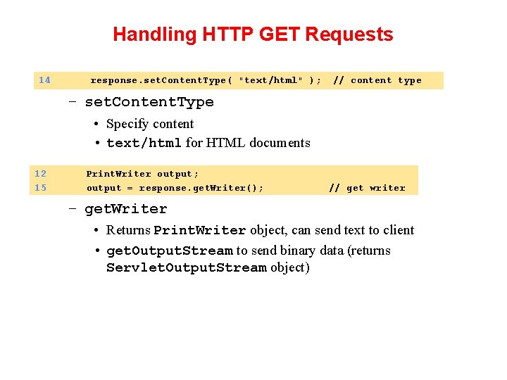 Handling HTTP GET Requests 14 response. set. Content. Type( "text/html" ); // content type