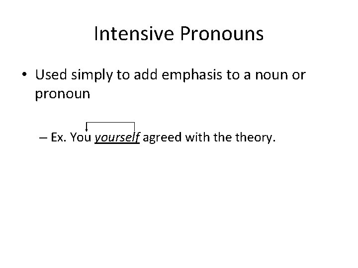 Intensive Pronouns • Used simply to add emphasis to a noun or pronoun –