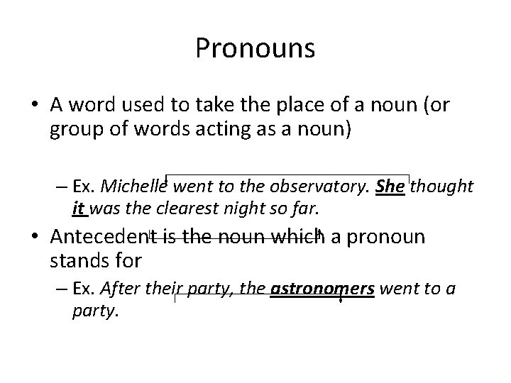 Pronouns • A word used to take the place of a noun (or group