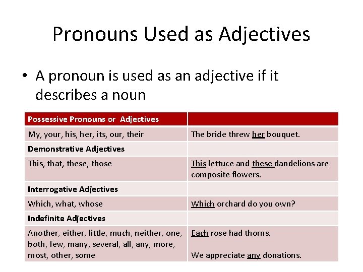 Pronouns Used as Adjectives • A pronoun is used as an adjective if it