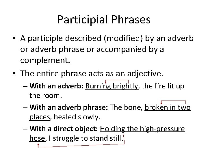Participial Phrases • A participle described (modified) by an adverb or adverb phrase or