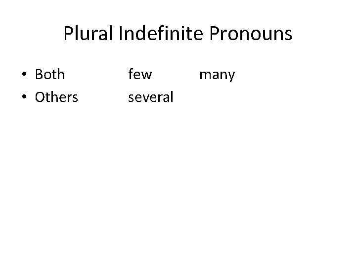 Plural Indefinite Pronouns • Both • Others few several many 