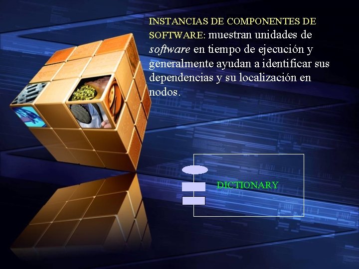 INSTANCIAS DE COMPONENTES DE SOFTWARE: muestran unidades de software en tiempo de ejecución y