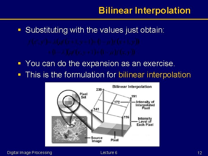 Bilinear Interpolation § Substituting with the values just obtain: § You can do the