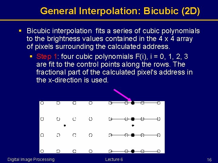 General Interpolation: Bicubic (2 D) § Bicubic interpolation fits a series of cubic polynomials