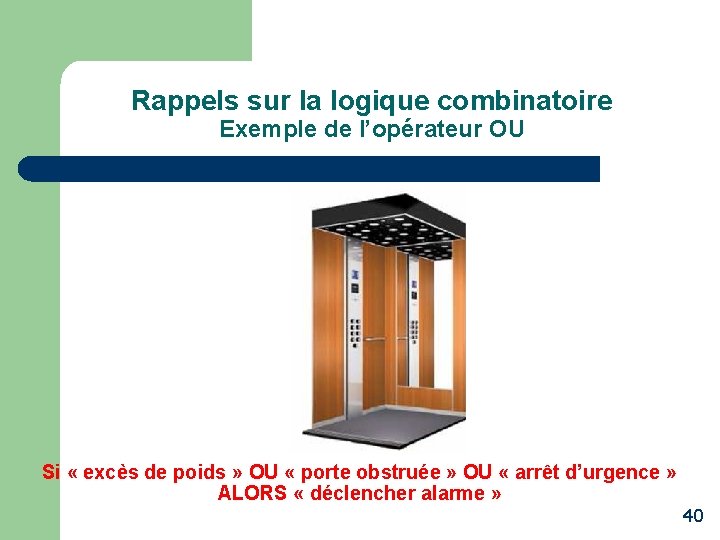 Rappels sur la logique combinatoire Exemple de l’opérateur OU Si « excès de poids