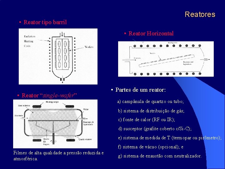 Reatores • Reator tipo barril • Reator Horizontal • Reator “single-wafer” • Partes de