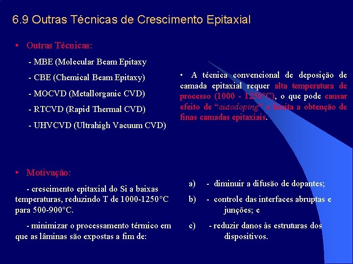 6. 9 Outras Técnicas de Crescimento Epitaxial • Outras Técnicas: - MBE (Molecular Beam