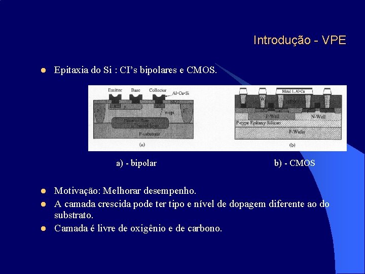 Introdução - VPE l Epitaxia do Si : CI’s bipolares e CMOS. a) -