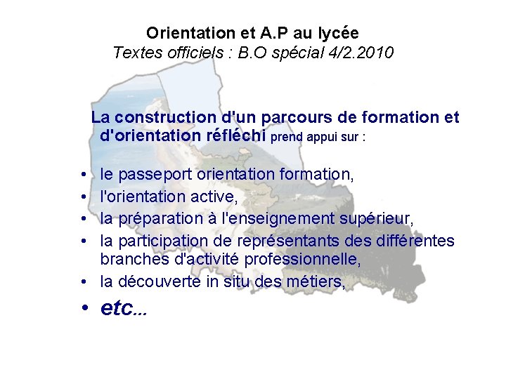 Orientation et A. P au lycée Textes officiels : B. O spécial 4/2. 2010