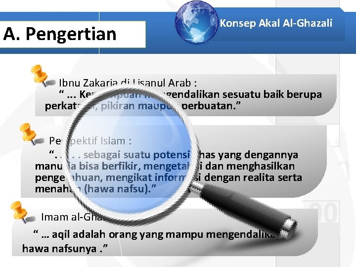 A. Pengertian Konsep Akal Al-Ghazali Ibnu Zakaria di Lisanul Arab : “. . .