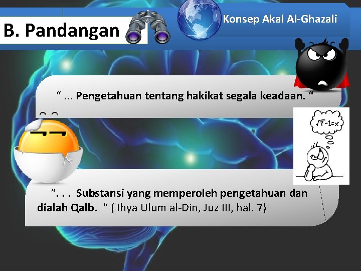 B. Pandangan Konsep Akal Al-Ghazali “. . . Pengetahuan tentang hakikat segala keadaan. “