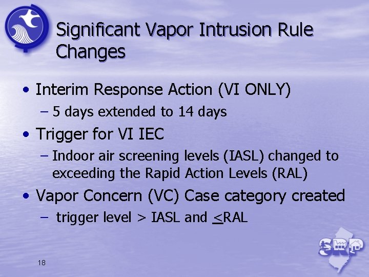 Significant Vapor Intrusion Rule Changes • Interim Response Action (VI ONLY) – 5 days