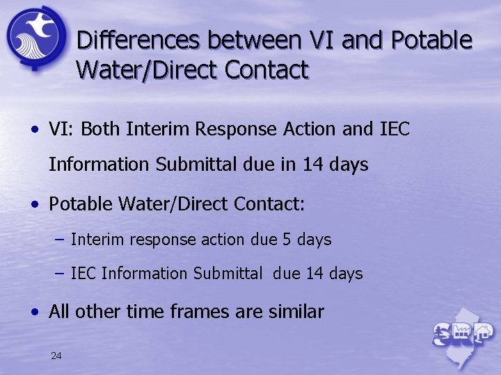 Differences between VI and Potable Water/Direct Contact • VI: Both Interim Response Action and