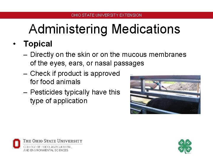 OHIO STATE UNIVERSITY EXTENSION Administering Medications • Topical – Directly on the skin or OHIO STATE UNIVERSITY EXTENSION Administering Medications • Topical – Directly on the skin or