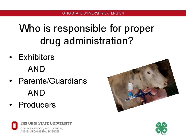 OHIO STATE UNIVERSITY EXTENSION Who is responsible for proper drug administration? • Exhibitors AND OHIO STATE UNIVERSITY EXTENSION Who is responsible for proper drug administration? • Exhibitors AND