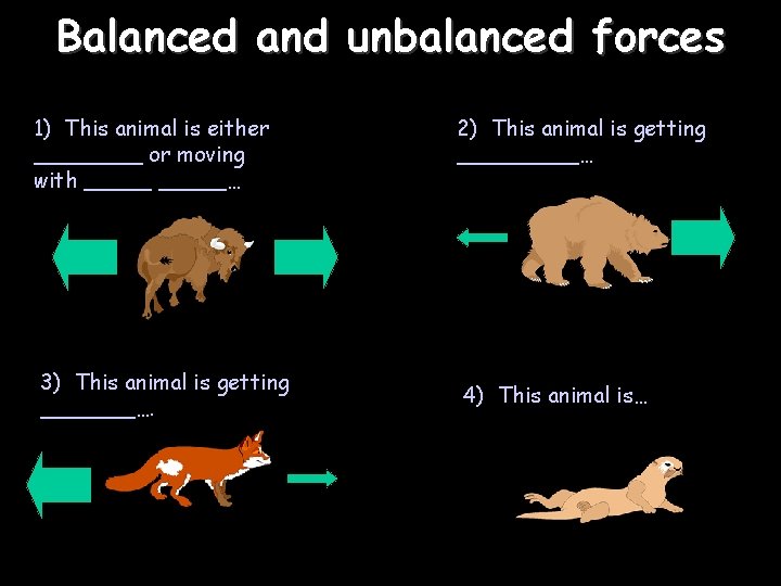 Balanced and unbalanced forces 1) This animal is either ____ or moving with _____…