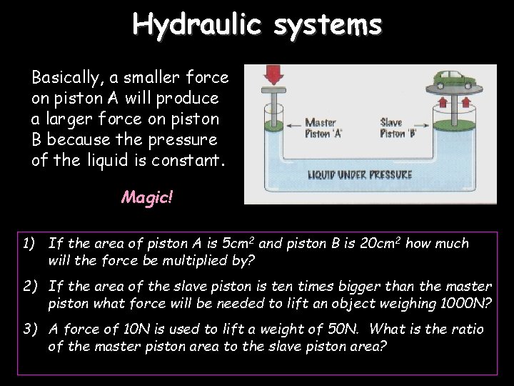 Hydraulic systems Basically, a smaller force on piston A will produce a larger force