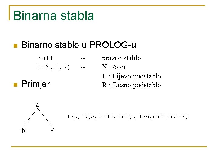 Binarna stabla n Binarno stablo u PROLOG-u null t(N, L, R) n Primjer ---
