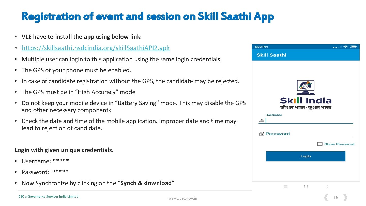 Registration of event and session on Skill Saathi App • VLE have to install