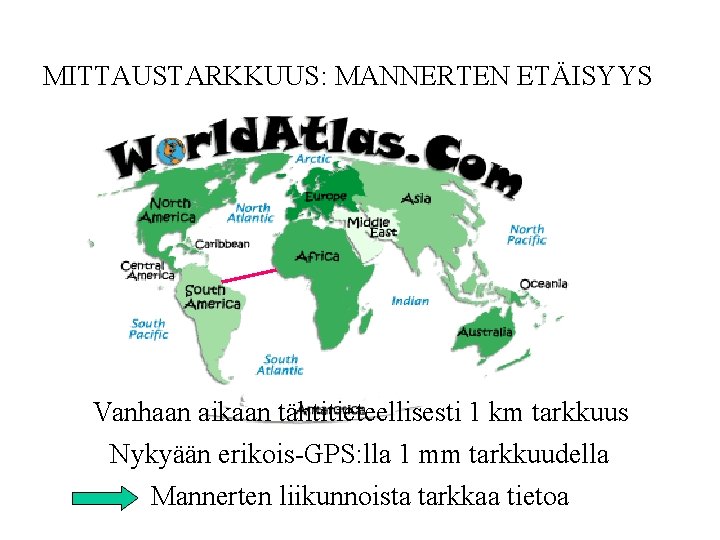 MITTAUSTARKKUUS: MANNERTEN ETÄISYYS Vanhaan aikaan tähtitieteellisesti 1 km tarkkuus Nykyään erikois-GPS: lla 1 mm