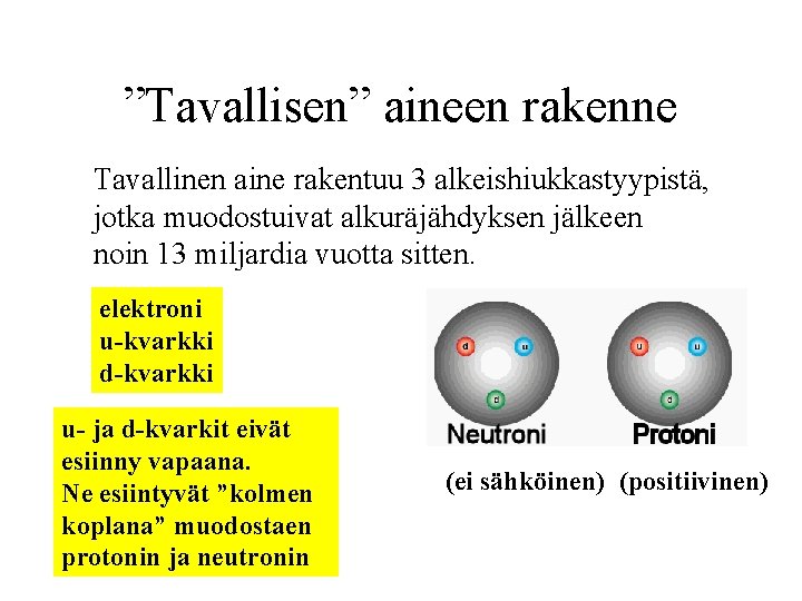 ”Tavallisen” aineen rakenne Tavallinen aine rakentuu 3 alkeishiukkastyypistä, jotka muodostuivat alkuräjähdyksen jälkeen noin 13