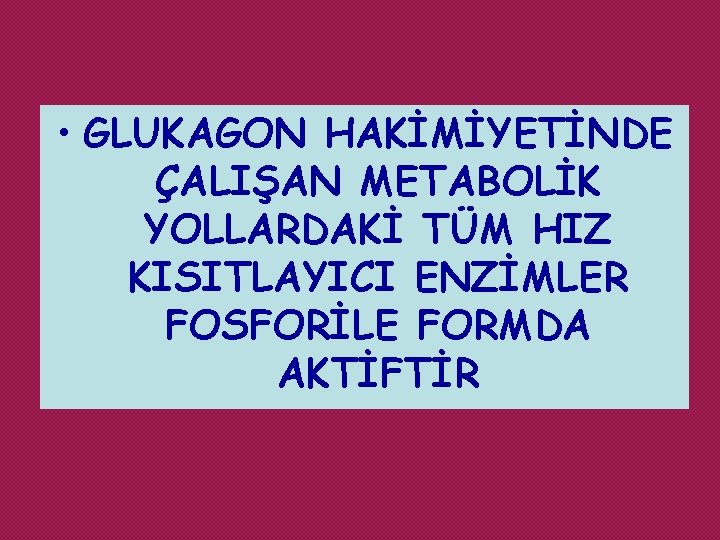  • GLUKAGON HAKİMİYETİNDE ÇALIŞAN METABOLİK YOLLARDAKİ TÜM HIZ KISITLAYICI ENZİMLER FOSFORİLE FORMDA AKTİFTİR