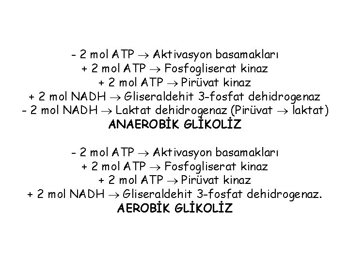 - 2 mol ATP Aktivasyon basamakları + 2 mol ATP Fosfogliserat kinaz + 2