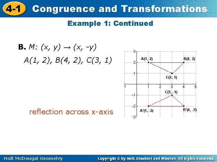4 -1 Congruence and Transformations Example 1: Continued B. M: (x, y) → (x,