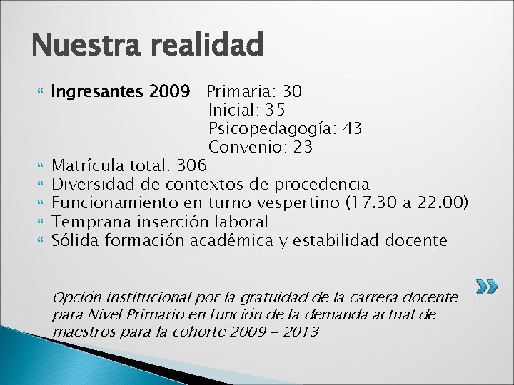 Nuestra realidad Ingresantes 2009 Primaria: 30 Inicial: 35 Psicopedagogía: 43 Convenio: 23 Matrícula total: